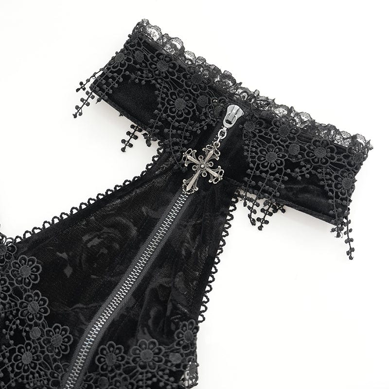 DEVIL FASHION Women's Gothic Cutout Flocking Velvet Coat with Hood Black