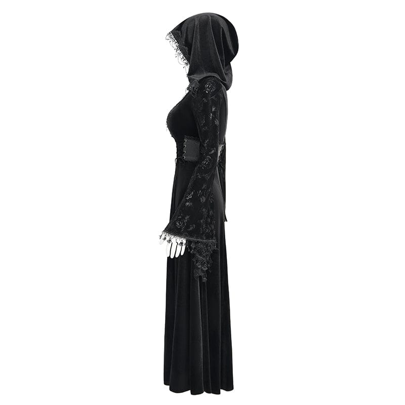 DEVIL FASHION Women's Gothic Cutout Flocking Velvet Coat with Hood Black