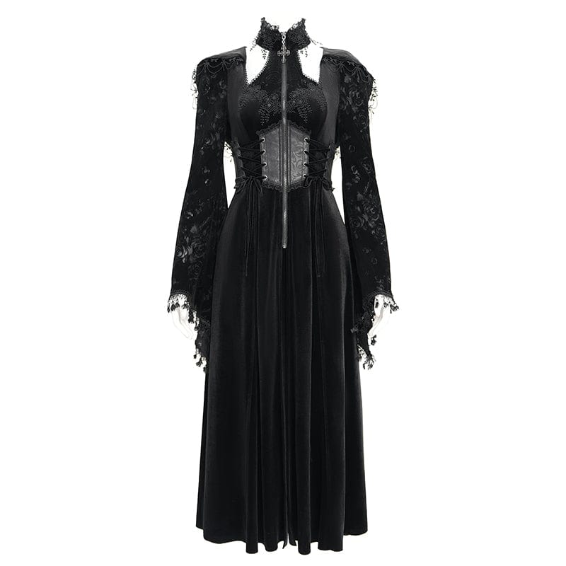 DEVIL FASHION Women's Gothic Cutout Flocking Velvet Coat with Hood Black