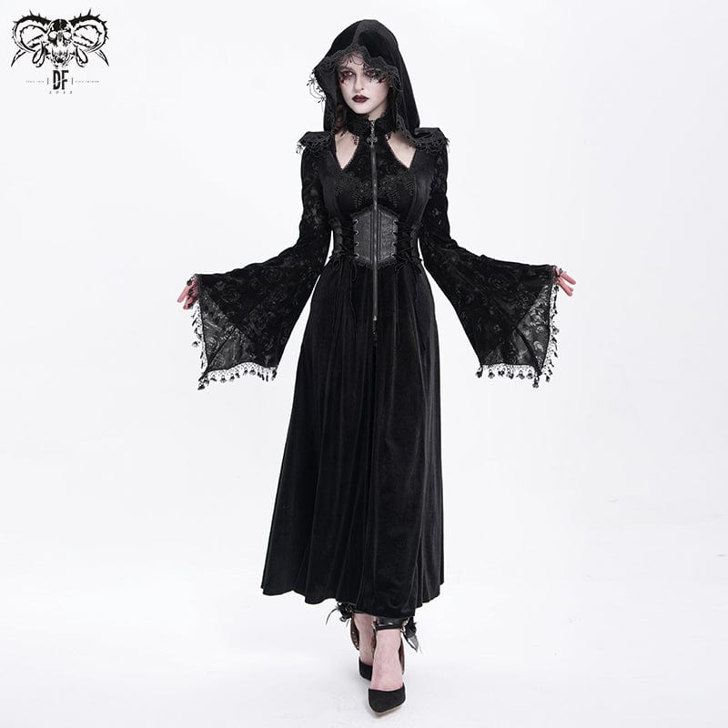 DEVIL FASHION Women's Gothic Cutout Flocking Velvet Coat with Hood Black