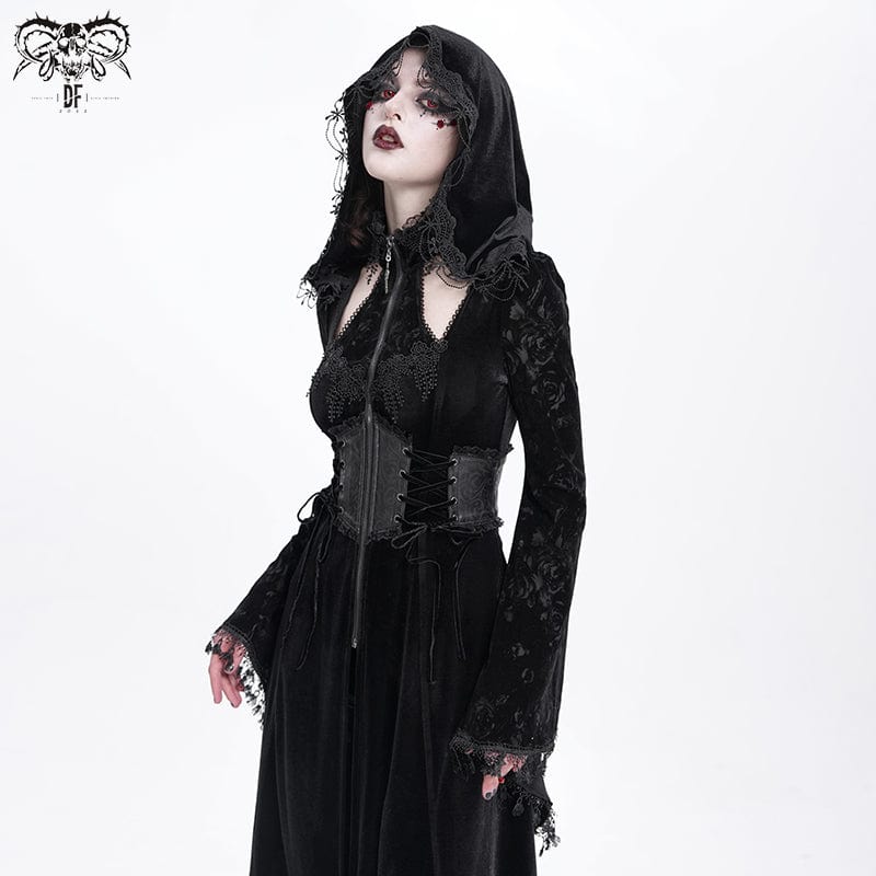 DEVIL FASHION Women's Gothic Cutout Flocking Velvet Coat with Hood Black
