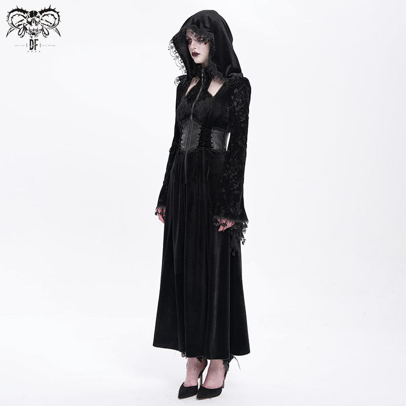 DEVIL FASHION Women's Gothic Cutout Flocking Velvet Coat with Hood Black