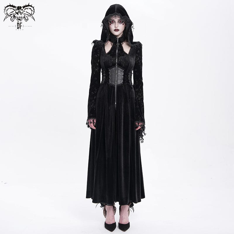 DEVIL FASHION Women's Gothic Cutout Flocking Velvet Coat with Hood Black