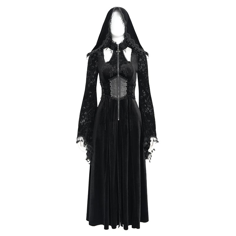 DEVIL FASHION Women's Gothic Cutout Flocking Velvet Coat with Hood Black