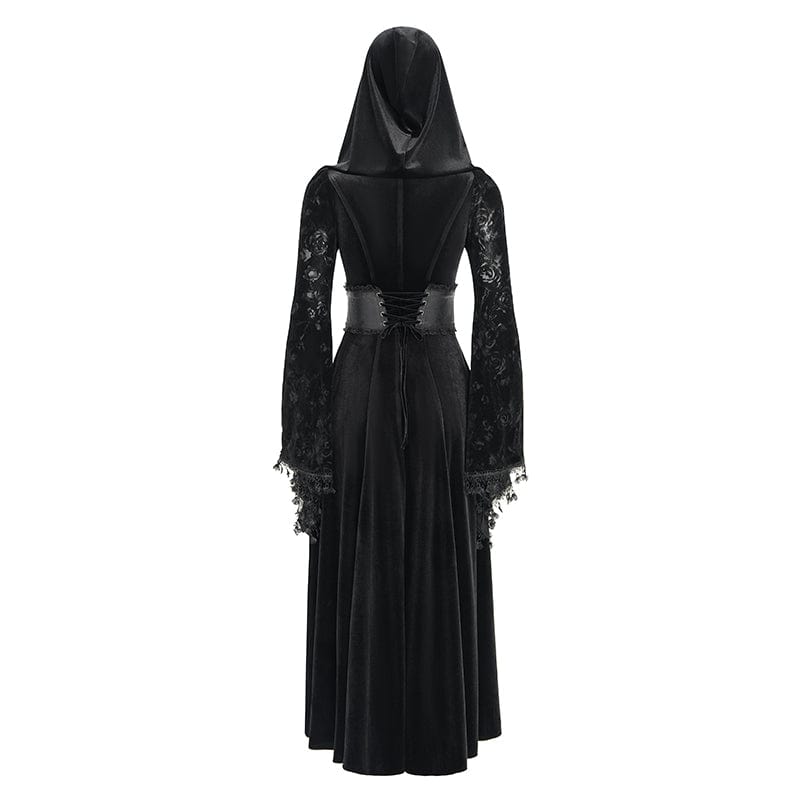 DEVIL FASHION Women's Gothic Cutout Flocking Velvet Coat with Hood Black