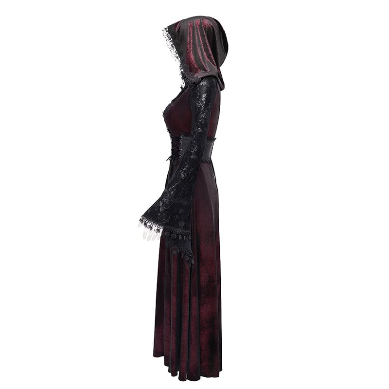 DEVIL FASHION Women's Gothic Cutout Flocking Velvet Coat with Hood Red