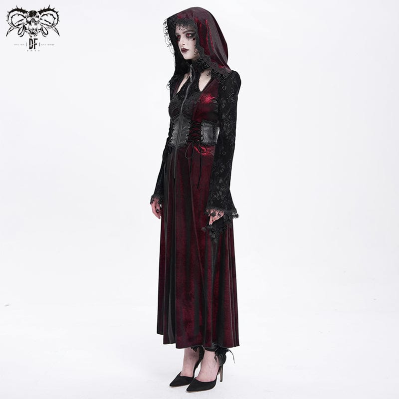 DEVIL FASHION Women's Gothic Cutout Flocking Velvet Coat with Hood Red