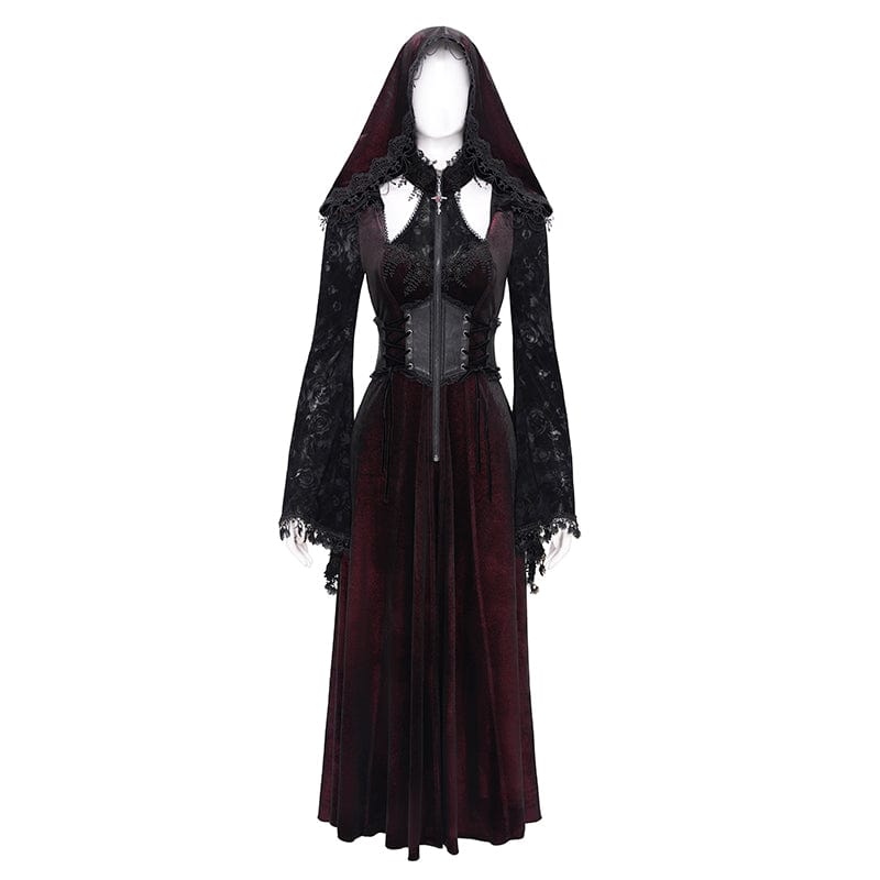 DEVIL FASHION Women's Gothic Cutout Flocking Velvet Coat with Hood Red