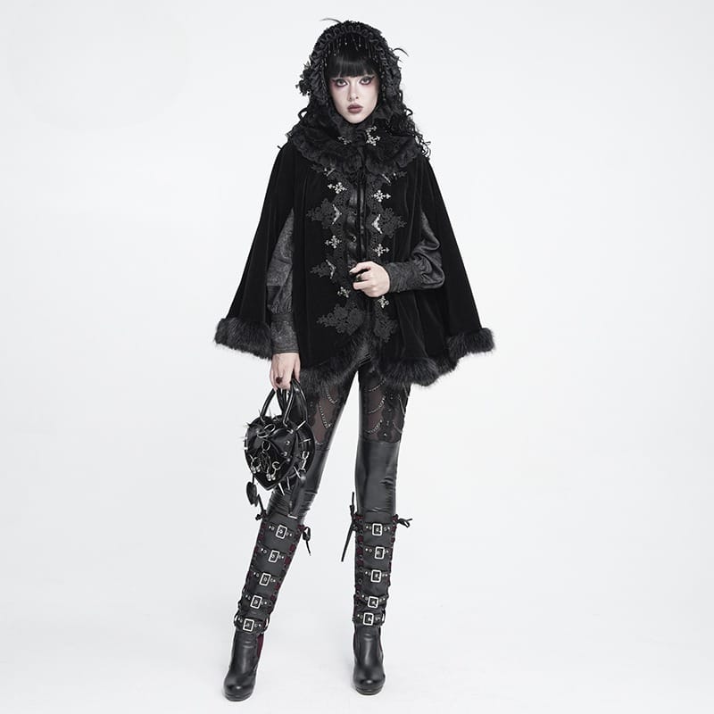 DEVIL FASHION Women's Gothic Embroidered Faux Fur Trim Velvet Cloak with Neckwear