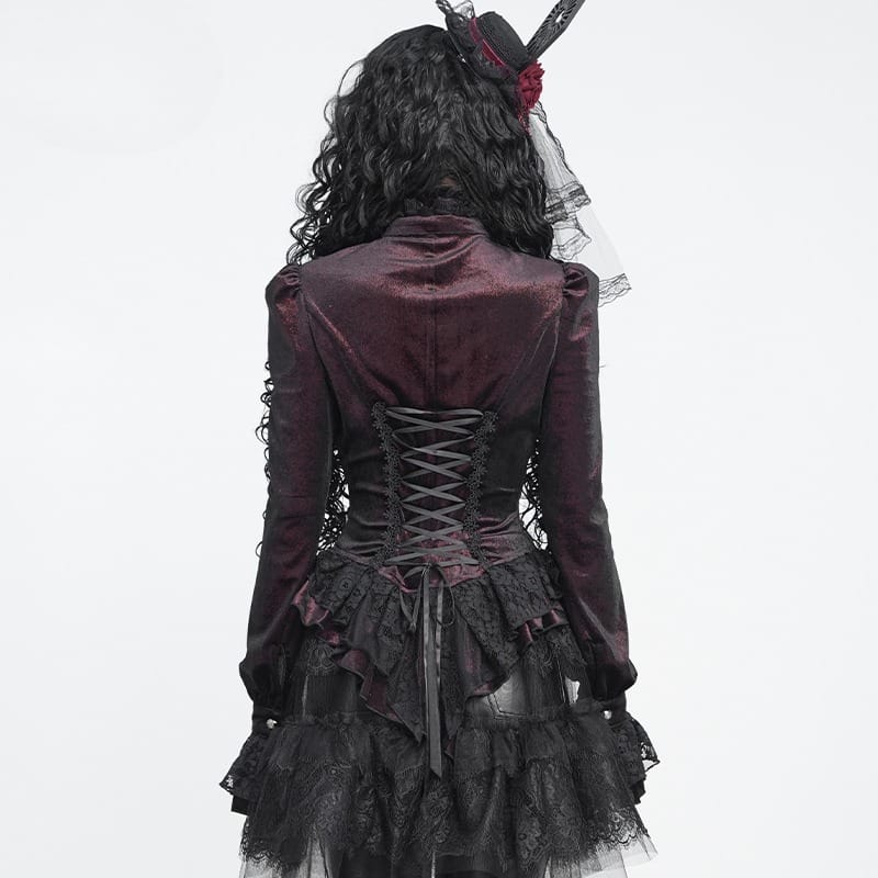 DEVIL FASHION Women's Gothic Embroidered Ruffled Stand Collar Long Sleeve Shirt Red