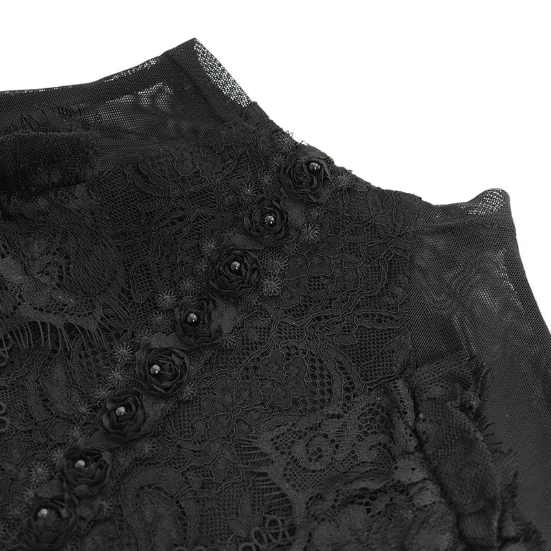 DEVIL FASHION Women's Gothic Flared Sleeved Beaded Lace Splice Shirt Black