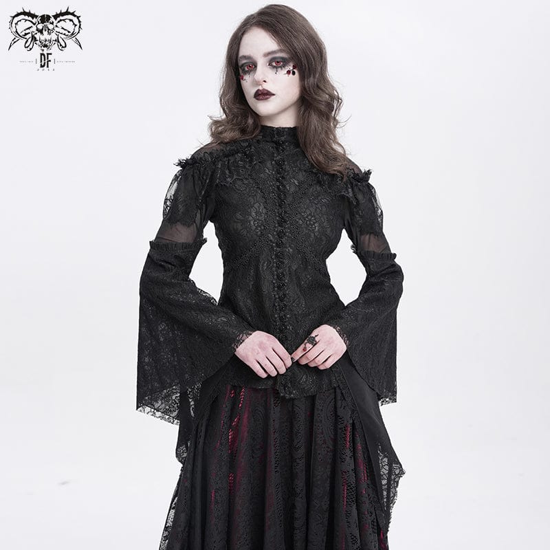 DEVIL FASHION Women's Gothic Flared Sleeved Beaded Lace Splice Shirt Black