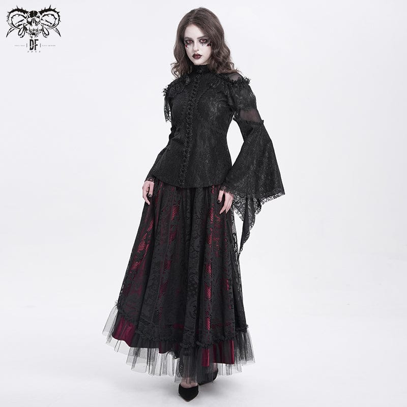 DEVIL FASHION Women's Gothic Flared Sleeved Beaded Lace Splice Shirt Black