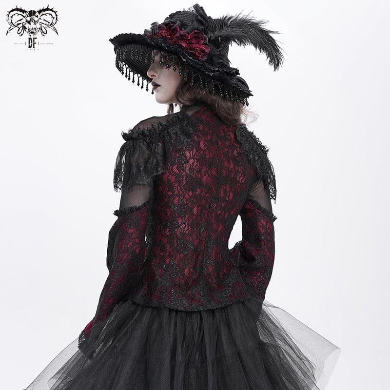 DEVIL FASHION Women's Gothic Flared Sleeved Beaded Lace Splice Shirt Red