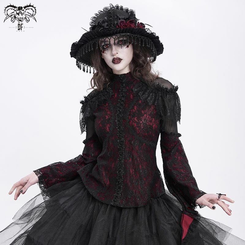 DEVIL FASHION Women's Gothic Flared Sleeved Beaded Lace Splice Shirt Red
