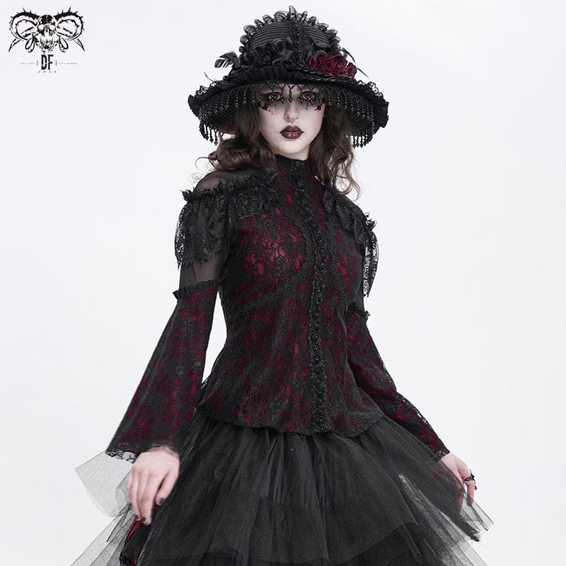 DEVIL FASHION Women's Gothic Flared Sleeved Beaded Lace Splice Shirt Red