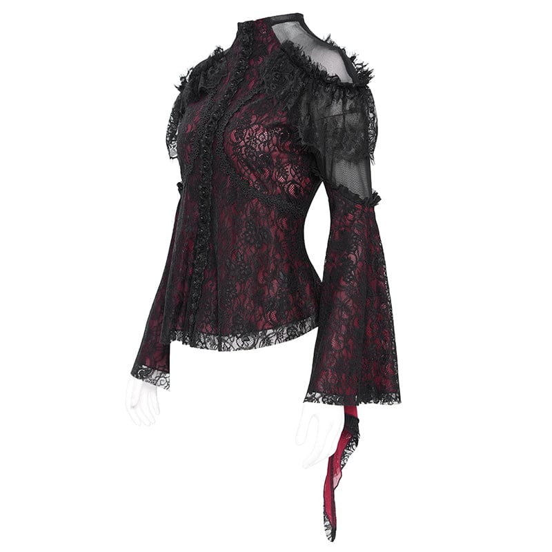 DEVIL FASHION Women's Gothic Flared Sleeved Beaded Lace Splice Shirt Red