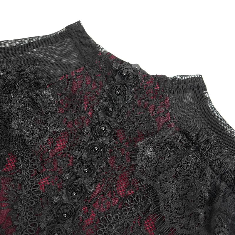DEVIL FASHION Women's Gothic Flared Sleeved Beaded Lace Splice Shirt Red