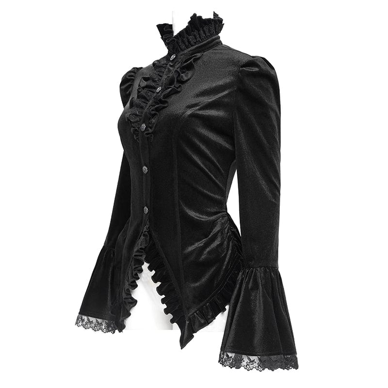 DEVIL FASHION Women's Gothic Flared Sleeved Ruffled Swallow-tailed Shirt Black