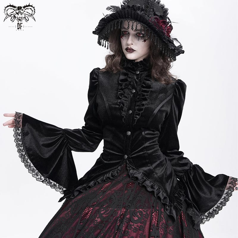 DEVIL FASHION Women's Gothic Flared Sleeved Ruffled Swallow-tailed Shirt Black