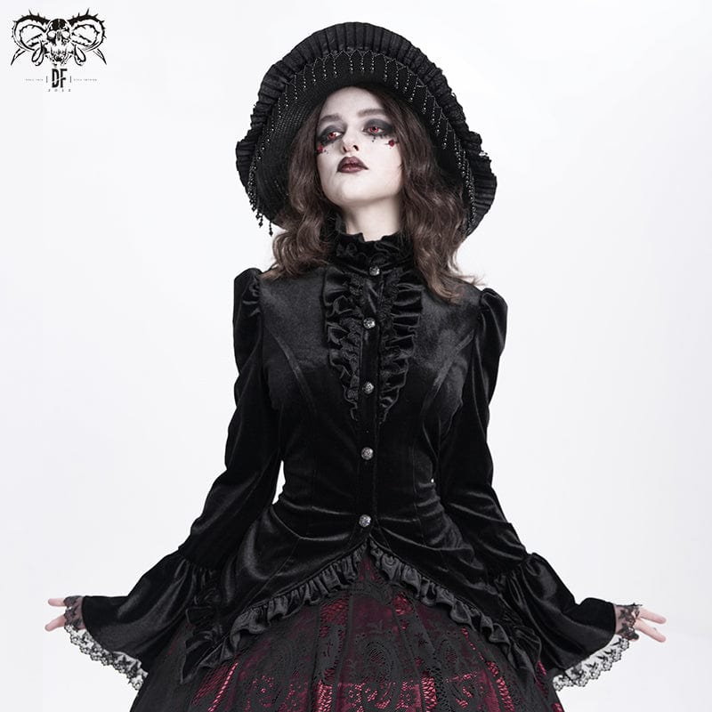 DEVIL FASHION Women's Gothic Flared Sleeved Ruffled Swallow-tailed Shirt Black