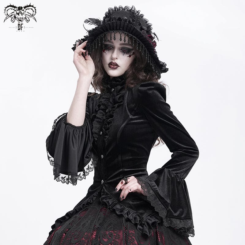 DEVIL FASHION Women's Gothic Flared Sleeved Ruffled Swallow-tailed Shirt Black