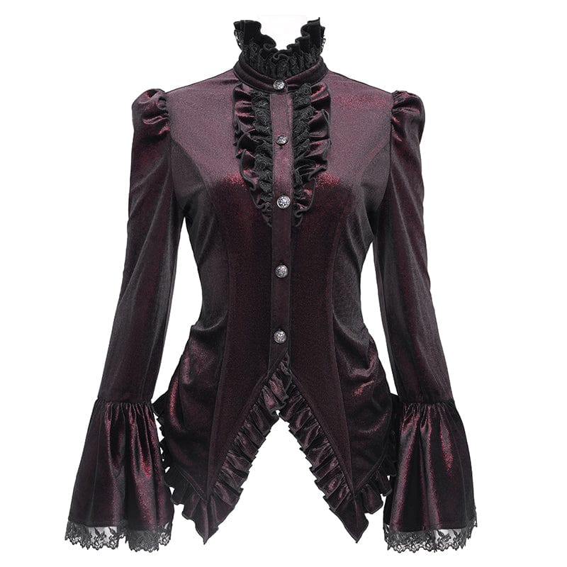 DEVIL FASHION Women's Gothic Flared Sleeved Ruffled Swallow-tailed Shirt Red