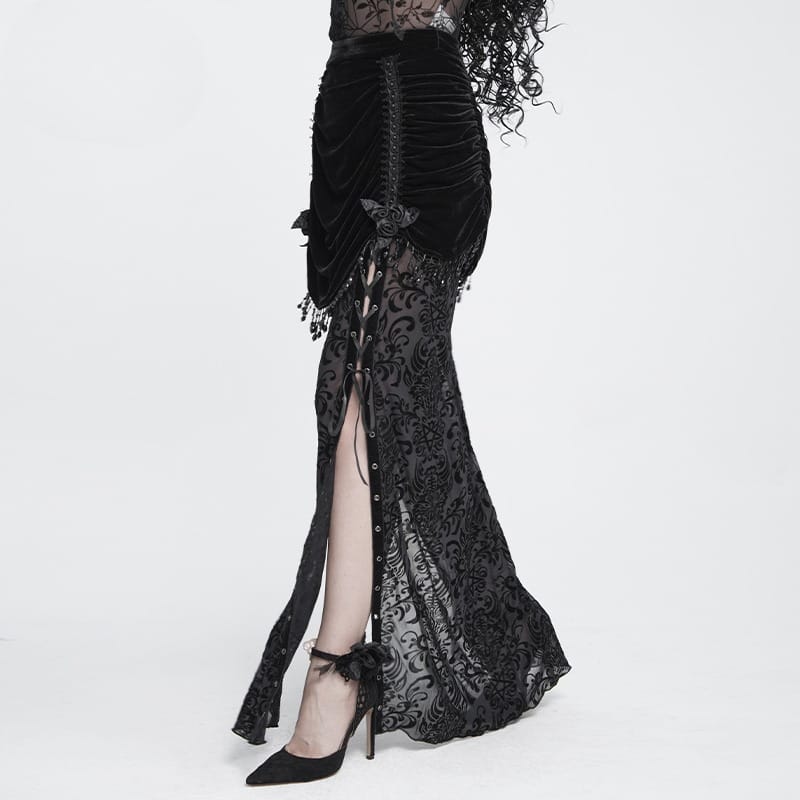 DEVIL FASHION Women's Gothic Floral Beaded Tassel Trim Ruched Long Skirt