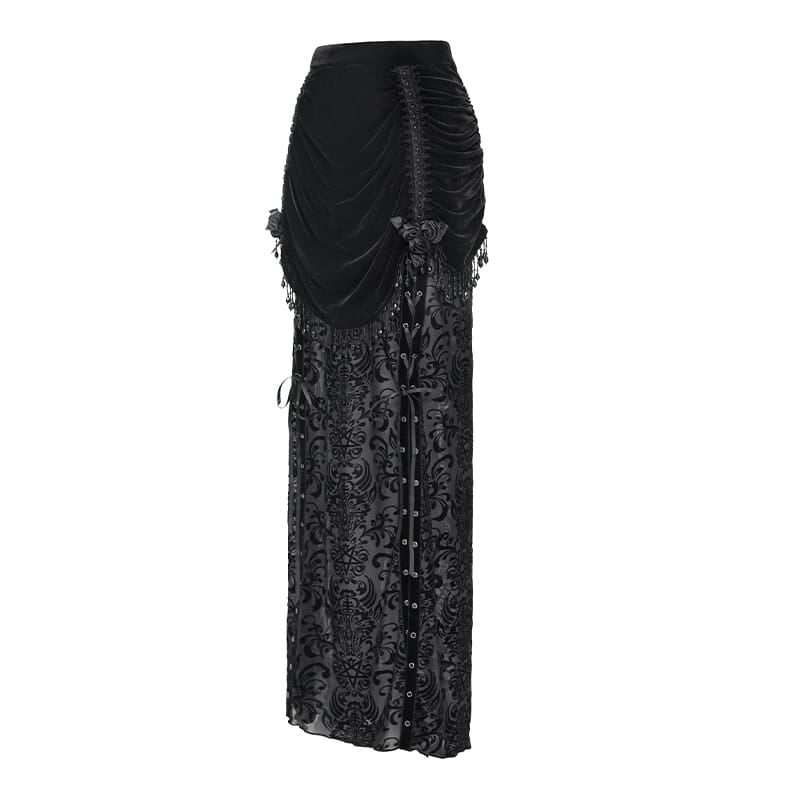 DEVIL FASHION Women's Gothic Floral Beaded Tassel Trim Ruched Long Skirt
