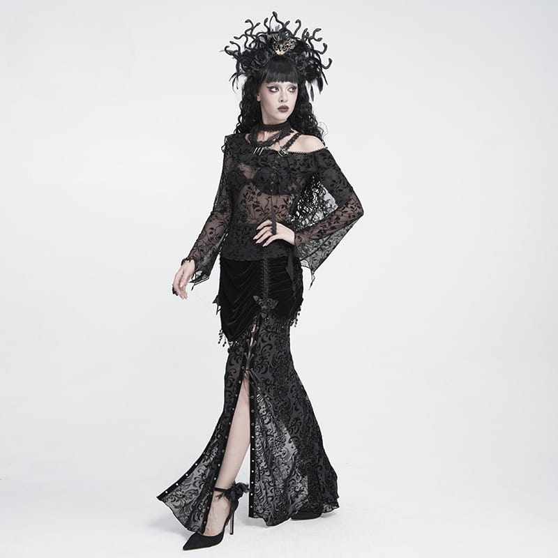 DEVIL FASHION Women's Gothic Floral Beaded Tassel Trim Ruched Long Skirt