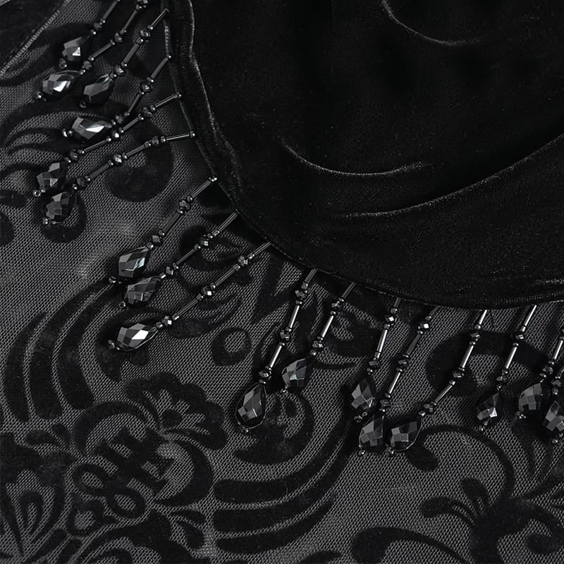 DEVIL FASHION Women's Gothic Floral Beaded Tassel Trim Ruched Long Skirt