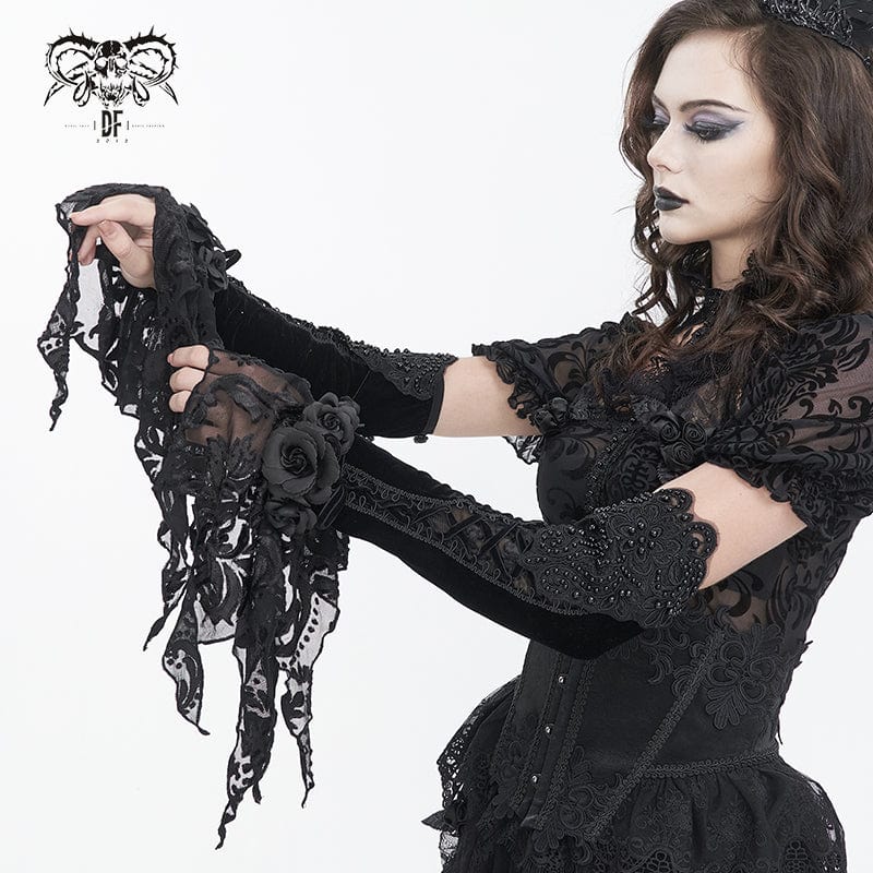 DEVIL FASHION Women's Gothic Floral Beaded Velvet Gloves