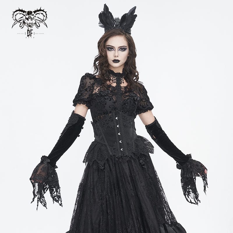 DEVIL FASHION Women's Gothic Floral Beaded Velvet Gloves