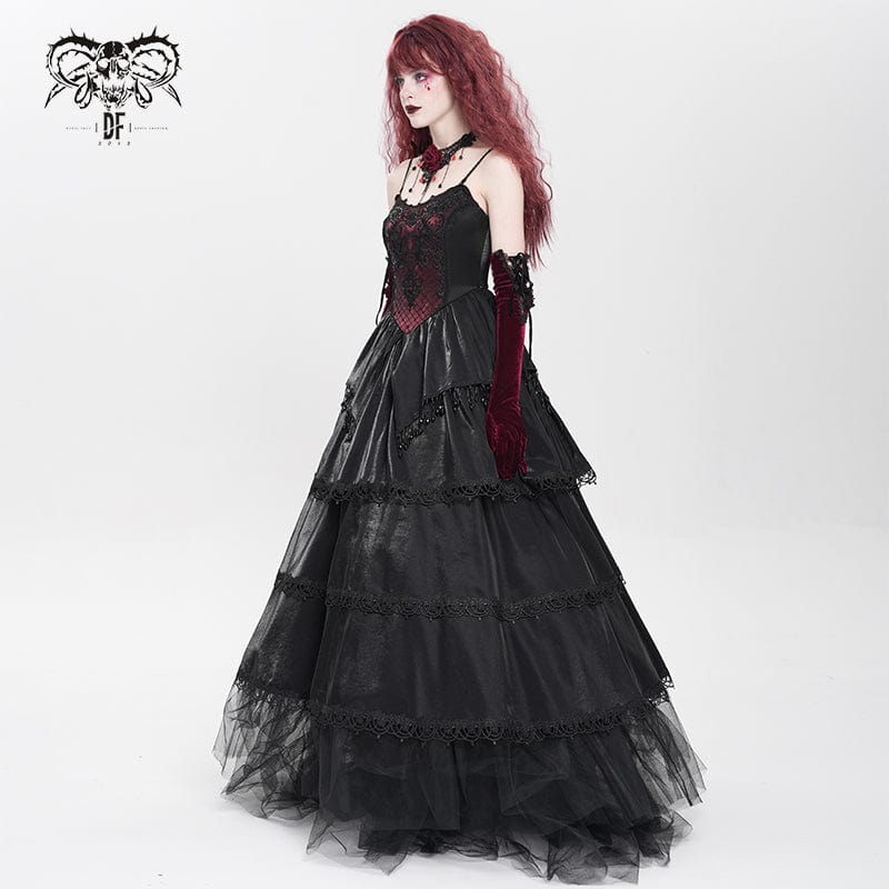 DEVIL FASHION Women's Gothic Floral Embroidered Beaded Multilayer Slip Dress Black