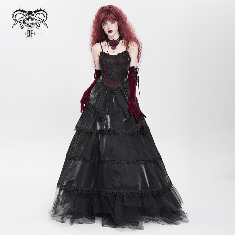 DEVIL FASHION Women's Gothic Floral Embroidered Beaded Multilayer Slip Dress Black