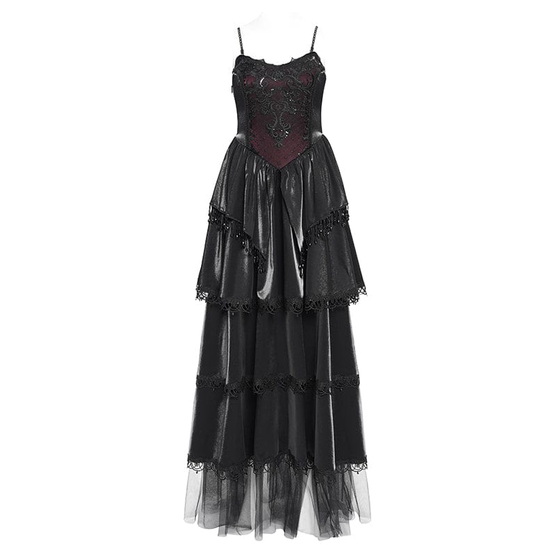 DEVIL FASHION Women's Gothic Floral Embroidered Beaded Multilayer Slip Dress Black