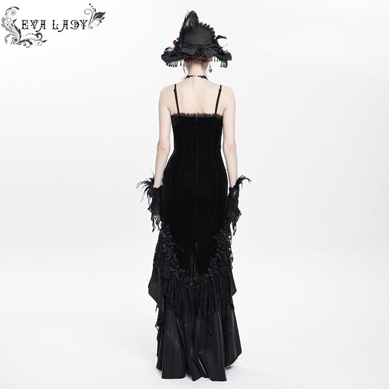 DEVIL FASHION Women's Gothic Floral Embroidered Cross Ruffle Long Slip Dress Black