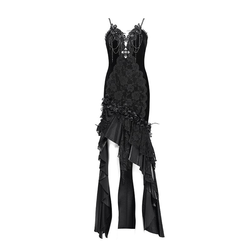 DEVIL FASHION Women's Gothic Floral Embroidered Cross Ruffle Long Slip Dress Black
