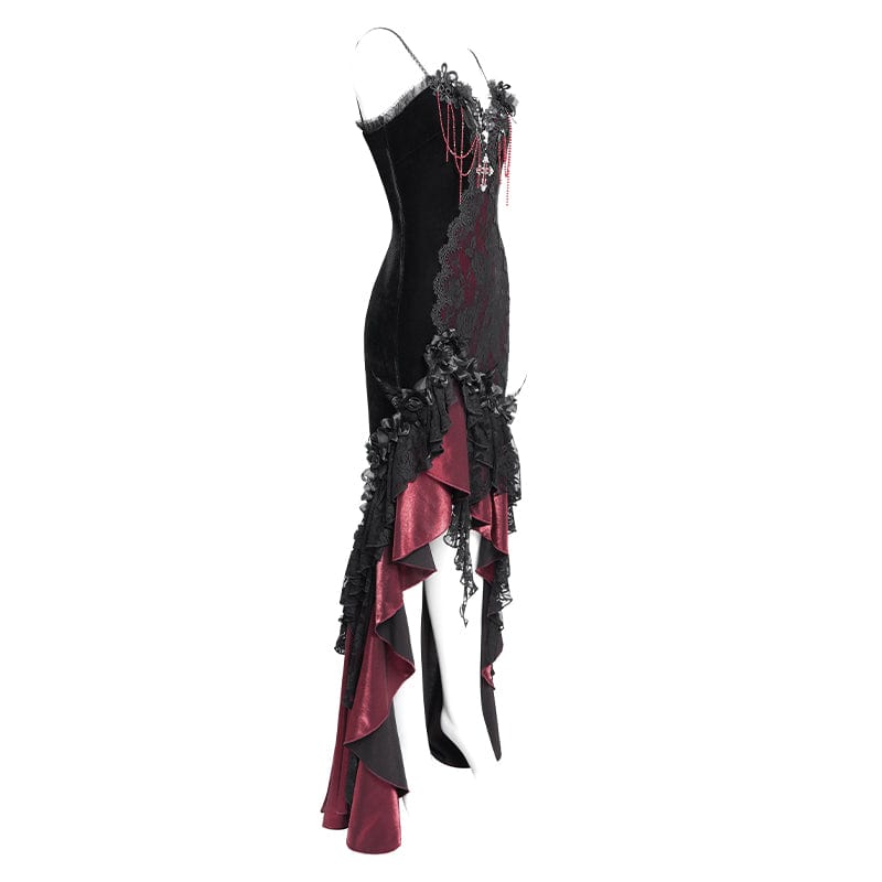 DEVIL FASHION Women's Gothic Floral Embroidered Cross Ruffle Long Slip Dress Red
