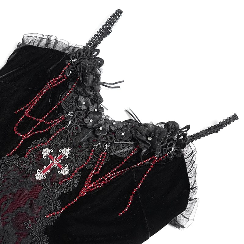 DEVIL FASHION Women's Gothic Floral Embroidered Cross Ruffle Long Slip Dress Red