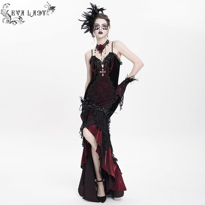 DEVIL FASHION Women's Gothic Floral Embroidered Cross Ruffle Long Slip Dress Red
