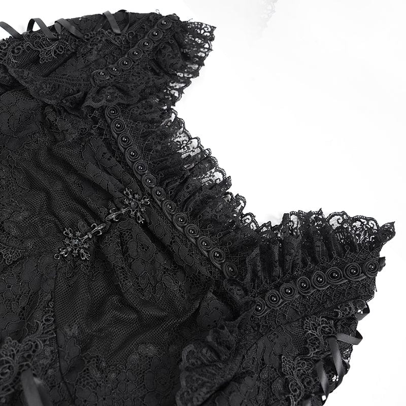 DEVIL FASHION Women's Gothic Floral Embroidered Lace-up Square-cut Collar Lace Dress Black