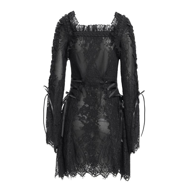 DEVIL FASHION Women's Gothic Floral Embroidered Lace-up Square-cut Collar Lace Dress Black