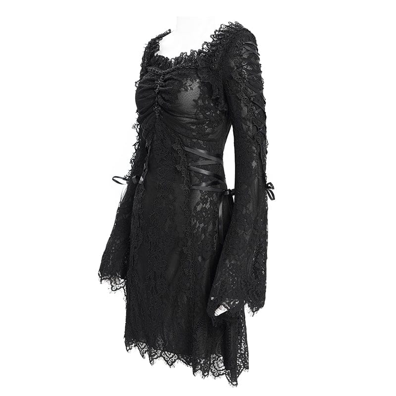 DEVIL FASHION Women's Gothic Floral Embroidered Lace-up Square-cut Collar Lace Dress Black