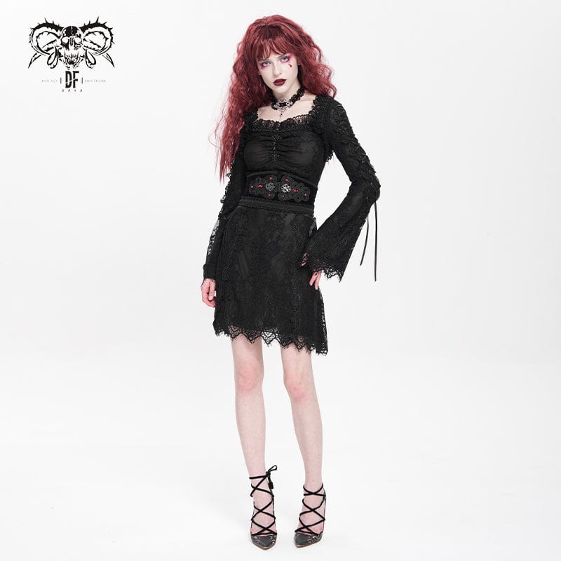 DEVIL FASHION Women's Gothic Floral Embroidered Lace-up Square-cut Collar Lace Dress Black
