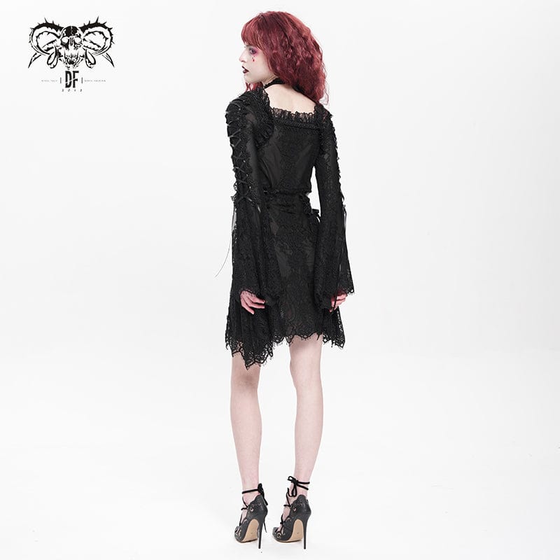 DEVIL FASHION Women's Gothic Floral Embroidered Lace-up Square-cut Collar Lace Dress Black