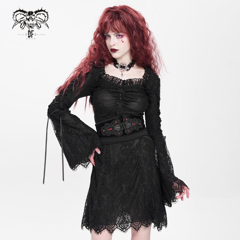DEVIL FASHION Women's Gothic Floral Embroidered Lace-up Square-cut Collar Lace Dress Black
