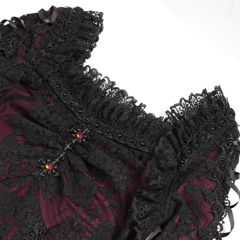 DEVIL FASHION Women's Gothic Floral Embroidered Lace-up Square-cut Collar Lace Dress Red