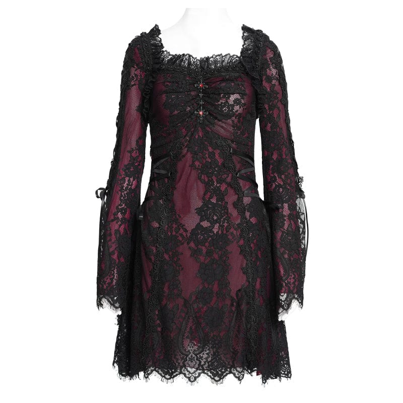 DEVIL FASHION Women's Gothic Floral Embroidered Lace-up Square-cut Collar Lace Dress Red
