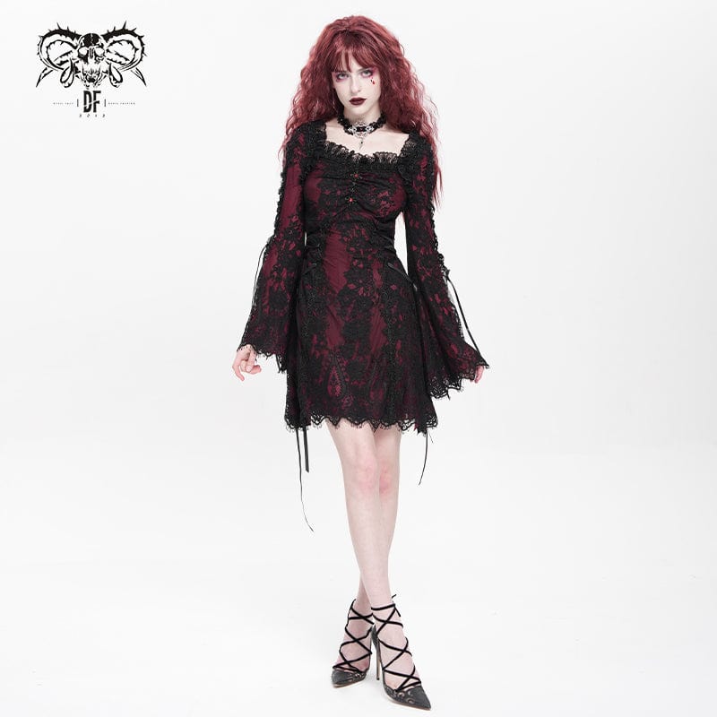 DEVIL FASHION Women's Gothic Floral Embroidered Lace-up Square-cut Collar Lace Dress Red